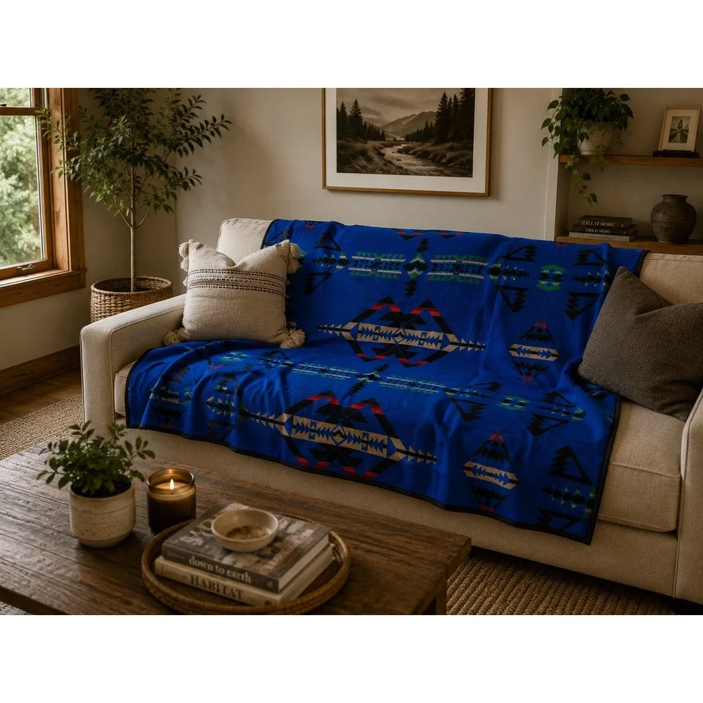 Pendleton Beaver State Wool Blanket Robe Shawl Blue Black Large Good Geometric